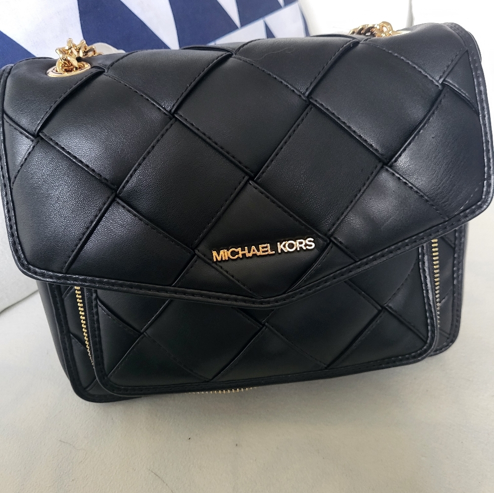 Michael Kors Gold and Black Regina Faux Leather Quilted Crossbody Bag